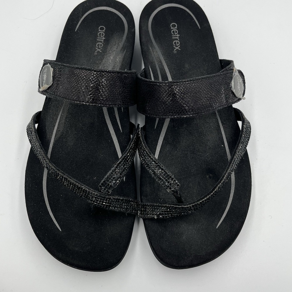 Aetrex Izzy Sparkle Sandals Women's 10 Black Rhinestone Orthotic Comfort Summer